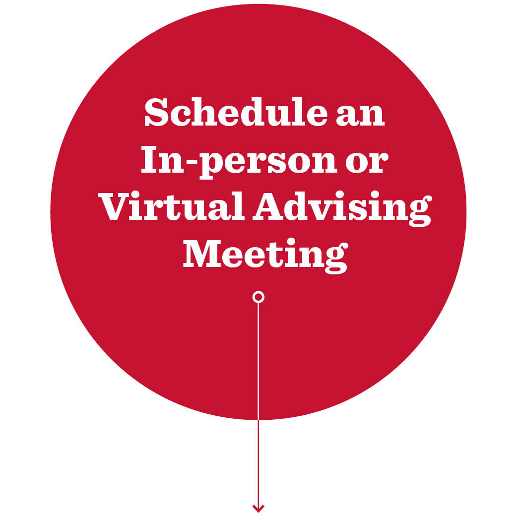 Red Circle with white text that reads: Schedule an In-Person or Virtual Advising Meeting