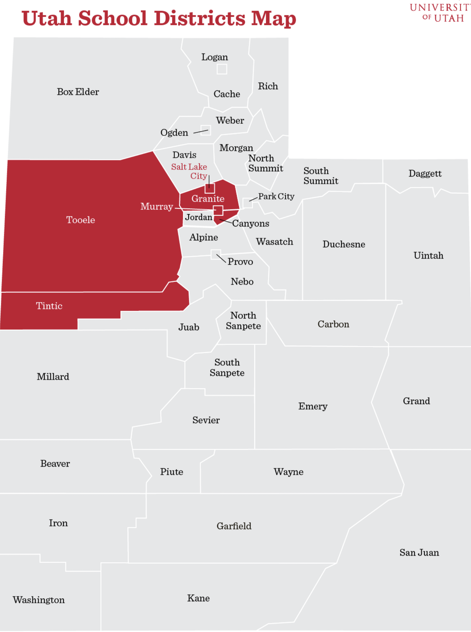 Utah School District map showing University of Utah's reach