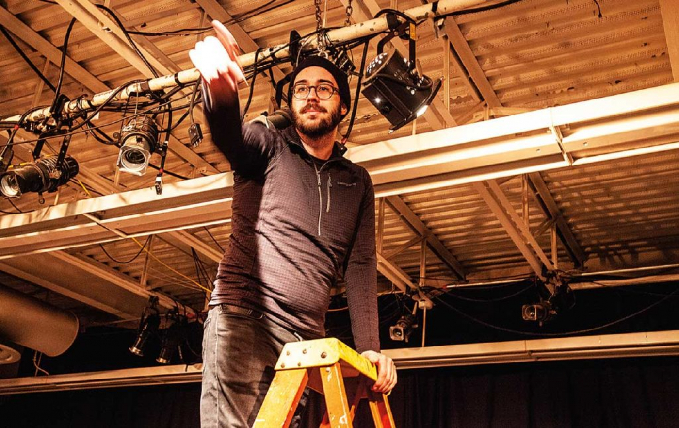 Mark helps hang lights during technical rehearsal for Dear Elizabeth by Sarah Ruhl - his first production with Stage East and just before the pandemic (photo: Leslie Bowman)